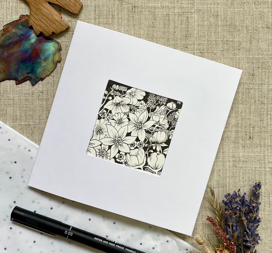 Card, hand drawn floral greetings card in ink, original art, blank card. 