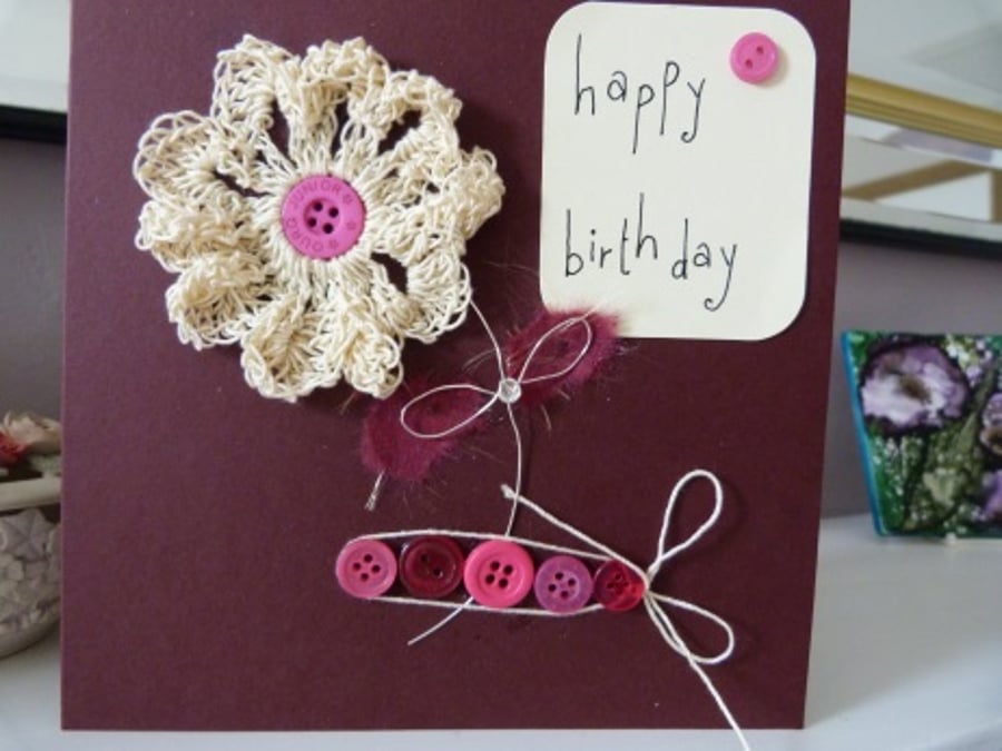 Dark Red Crochet Flower Birthday Card