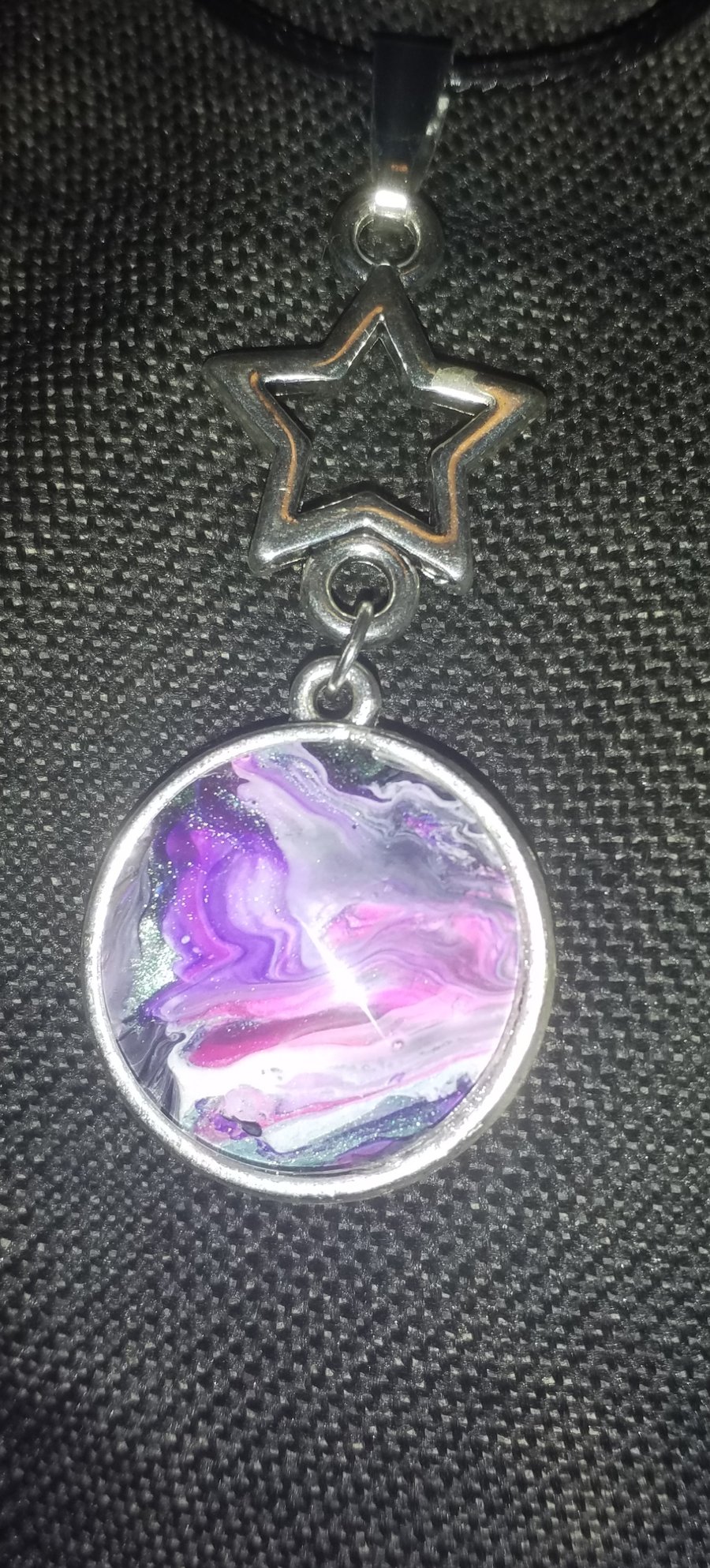 Handmade fluid art double sided pendant with star charm. Purple