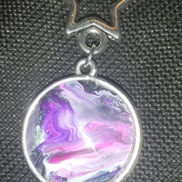 Handmade fluid art double sided pendant with star charm. Purple