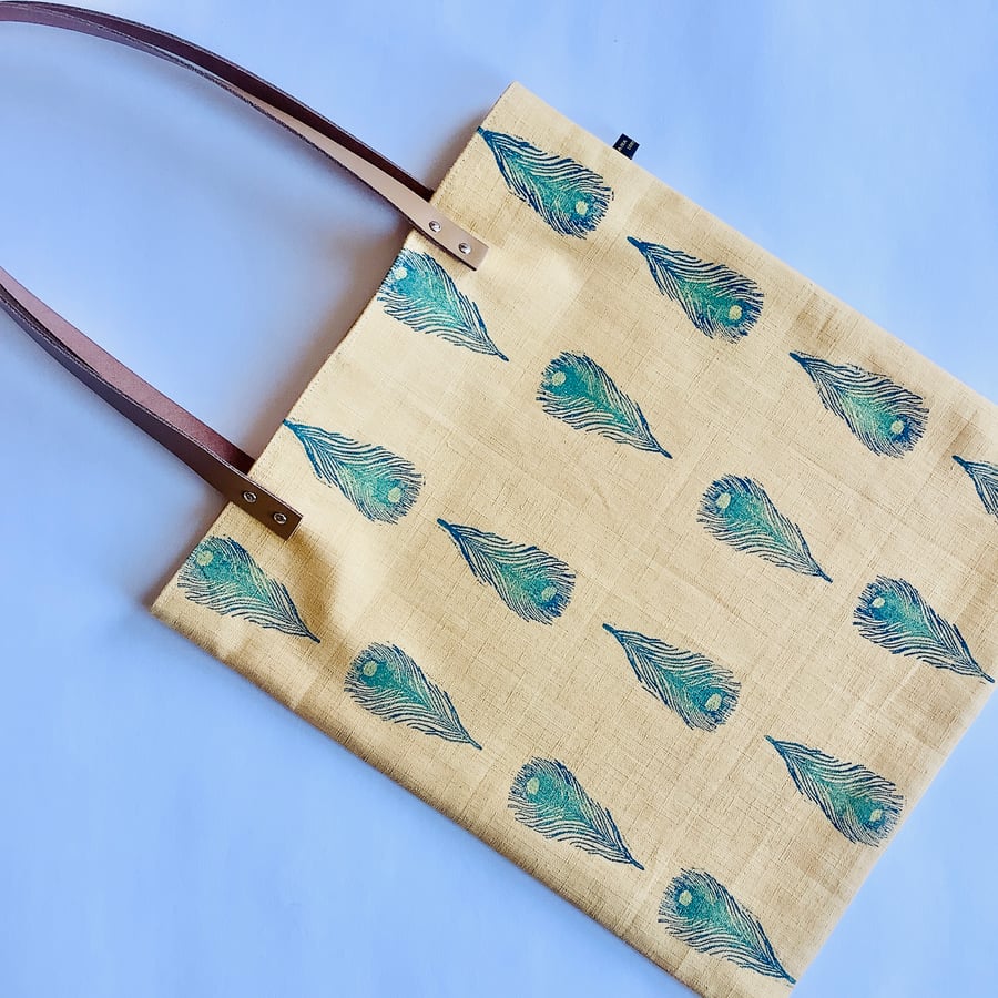 Peacock Feather Print Linen Tote Bag 