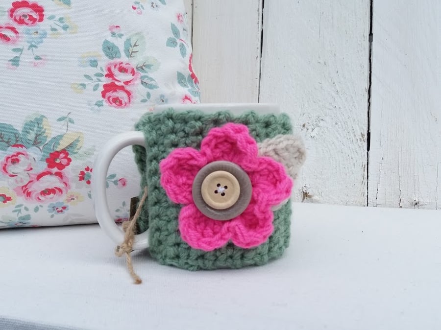 Mug with Chunky Hug Cosy with Large Crochet Flower Detail 