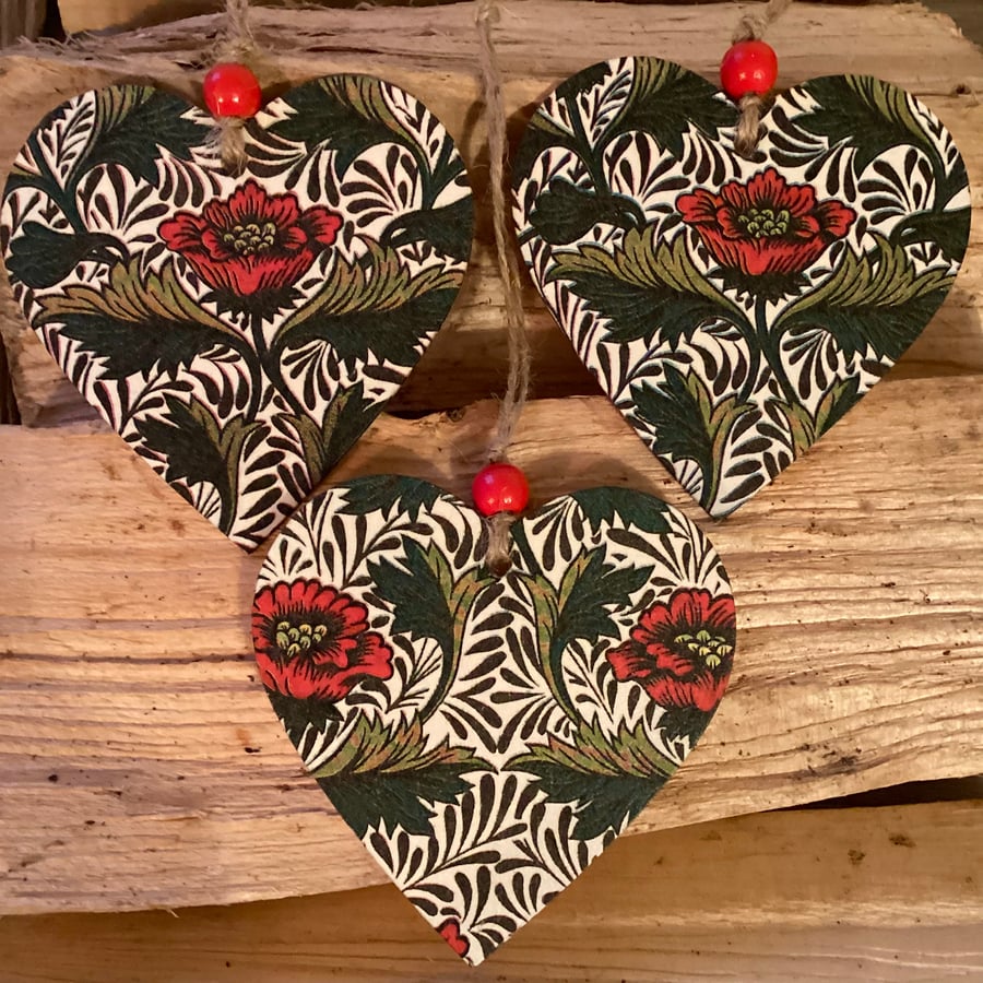 Three Wooden Hearts William Morris Peony