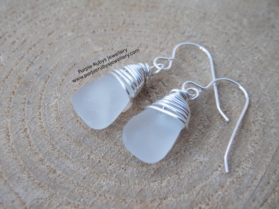 Dainty White Mermaids Tears Cornish Sea Glass Earrings, Sterling Silver E620