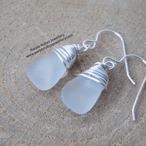 Dainty White Mermaids Tears Cornish Sea Glass Earrings, Sterling Silver E620