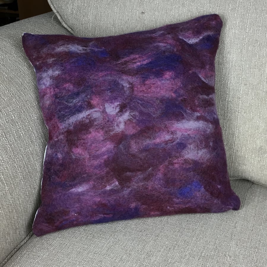 Hand felted cushion in purple shades (15")