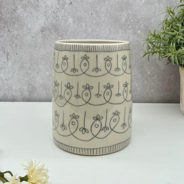 Monochrome Vase with Abstract Flower Pattern - Handmade Pottery