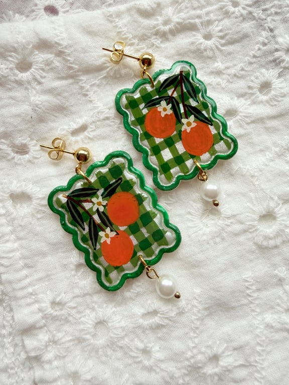 Green Gingham Summery Orange Grove Earrings