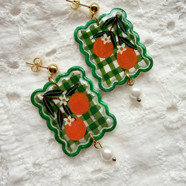 Green Gingham Summery Orange Grove Earrings