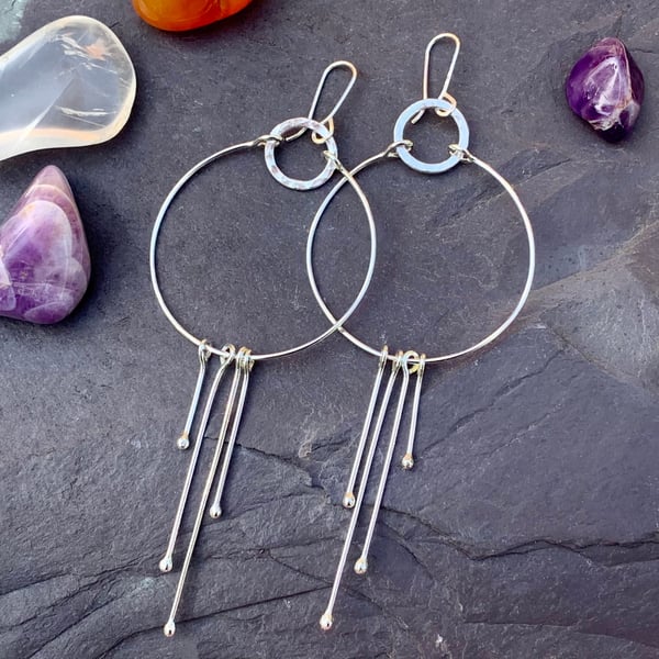 Sterling silver hoop earrings, dangle drop earrings. Large hoops.