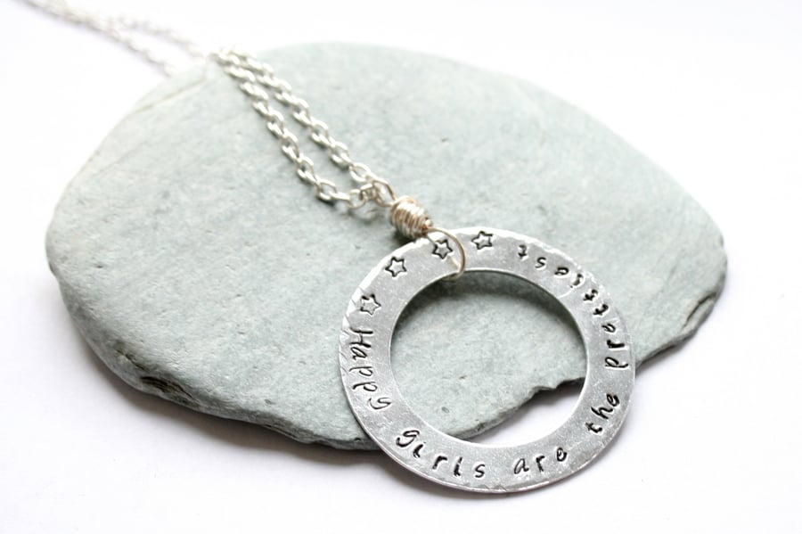 SALE - Stamped necklace, silver necklace, washer necklace, long necklace