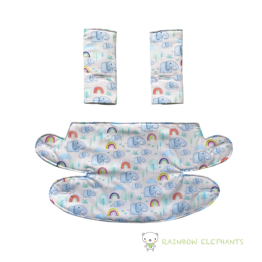 ERGO Baby Carrier Bib & Strap Covers Choice of bright fabrics Rainbow Elephants