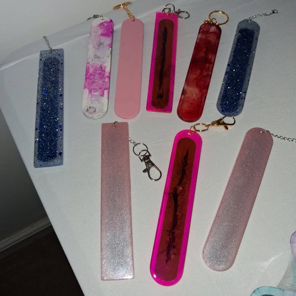 Handmade epoxy resin nail file bag charm or keyring