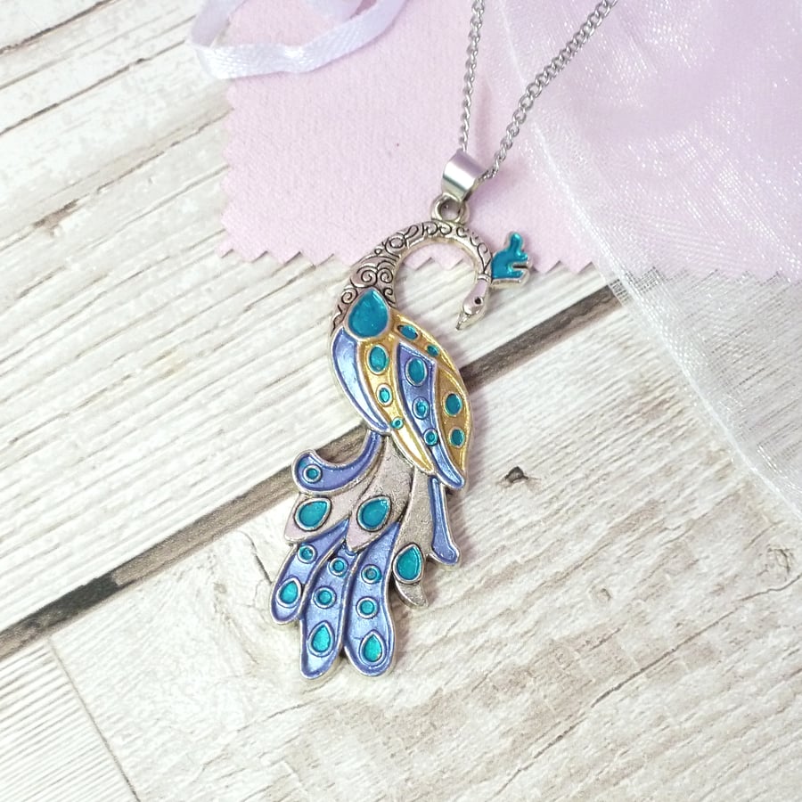 Peacock pendant with teal, blue and gold enamels, gift for women