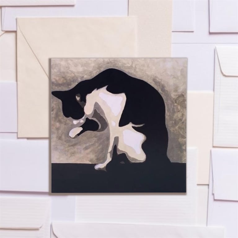 Black and White Cat Greetings Card, Original Art Print Card