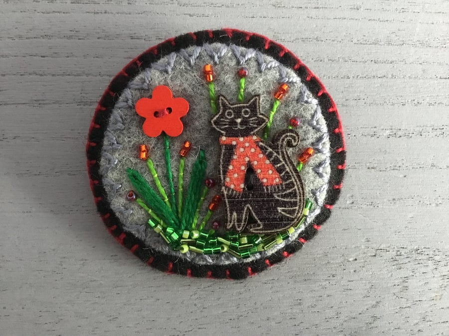 Hand Embroidered Winter Cat Brooch