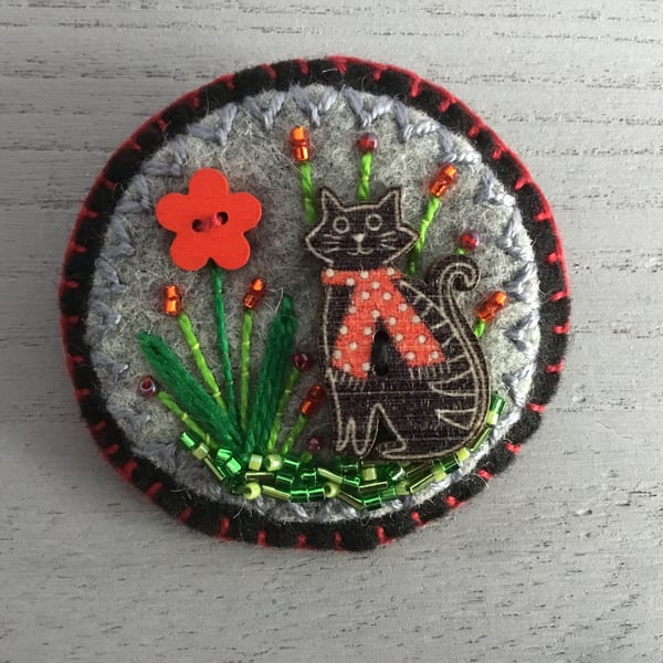 Hand Embroidered Winter Cat Brooch