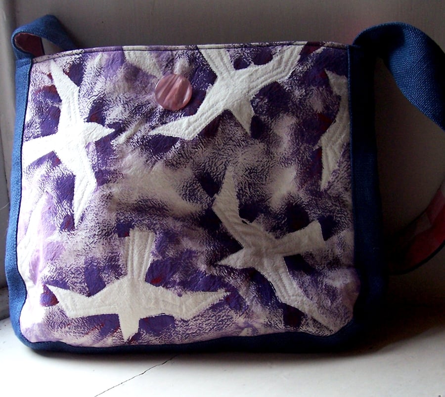 Handpainted linen and cotton shoulder bag in blue