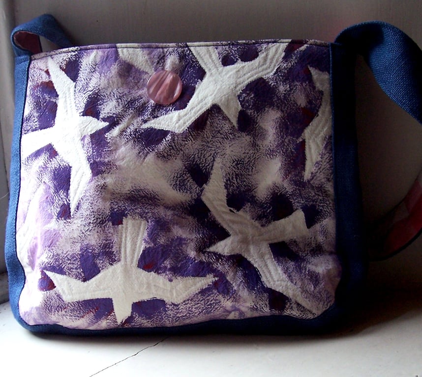 Handpainted linen and cotton shoulder bag in blue