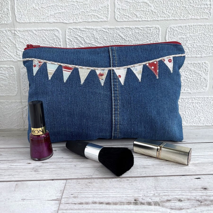 Large Upcycled Denim Make up Bag with Bunting