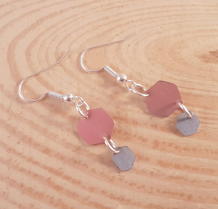 Anodised Aluminium Pink and Purple Hexagon Drop Dangle Earrings AAE031804