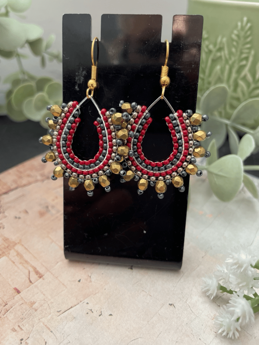 Elegant statement beaded teardrop dangle hoop artisan earrings 