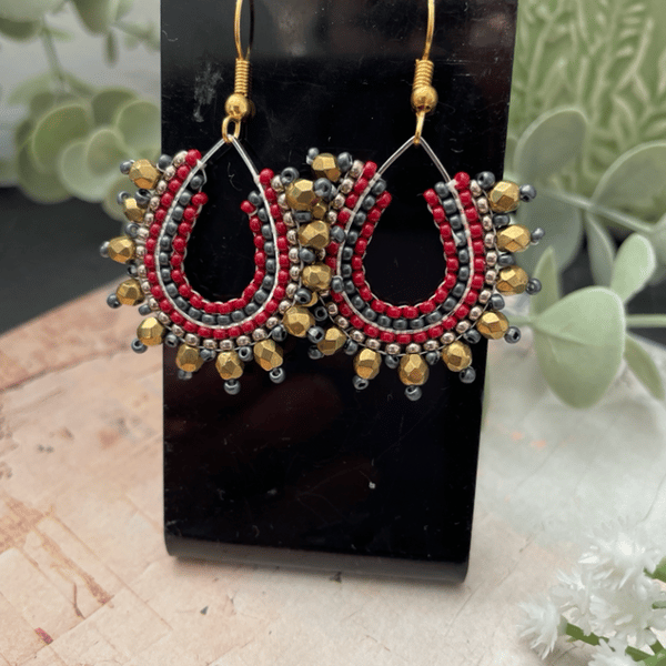 Elegant statement beaded teardrop dangle hoop artisan earrings 