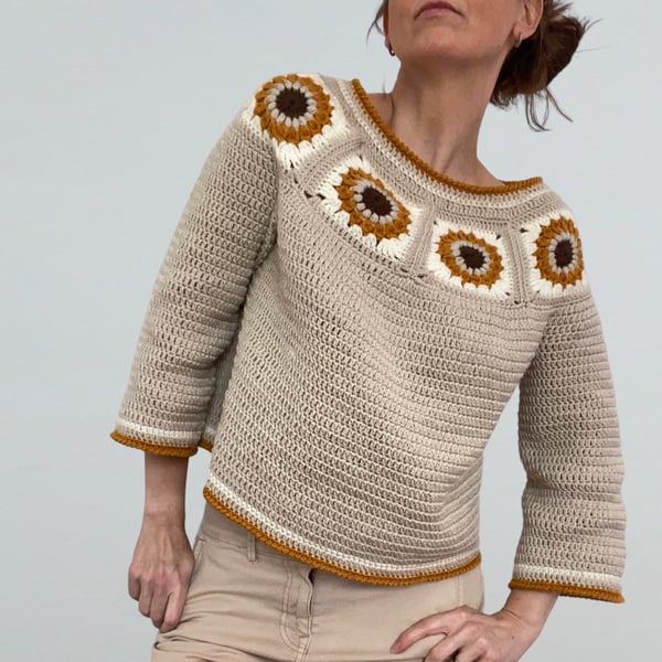Crochet Sunflower Granny Square Sweater.