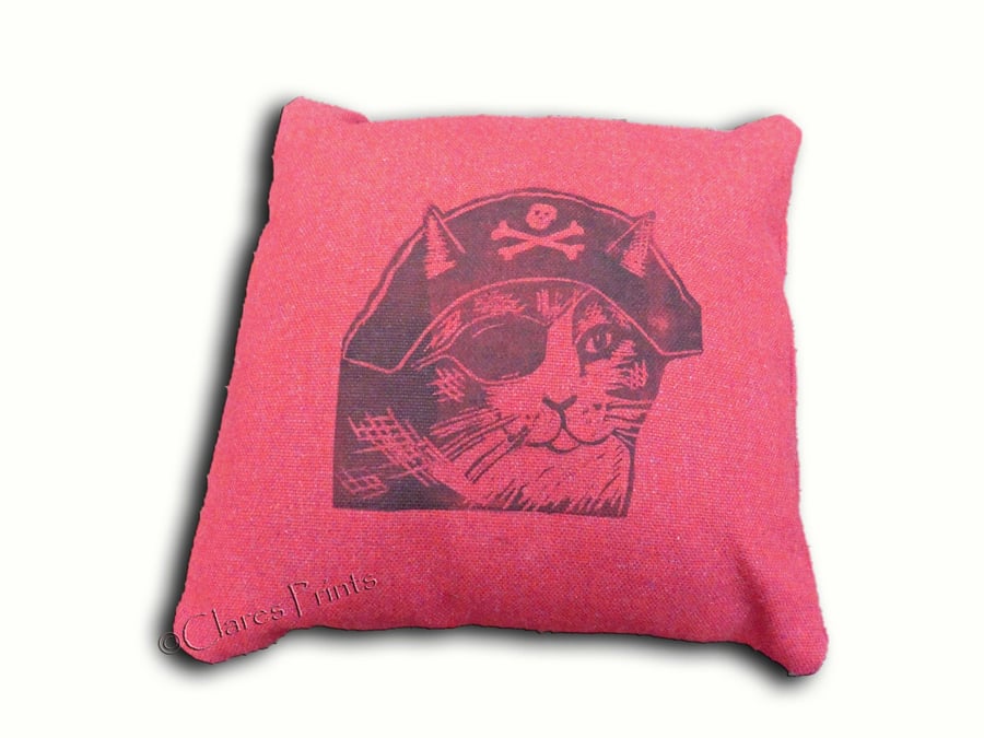 Red Pirate Cat Cushion Cover Hand Printed