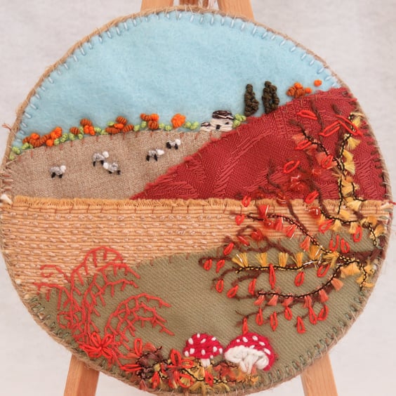 Autumn leaves and toadstools Embroidered Plaque