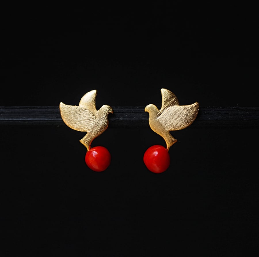 Red coral posts, Bird earrings, 18k Gold plated Dove Red natural coral studs