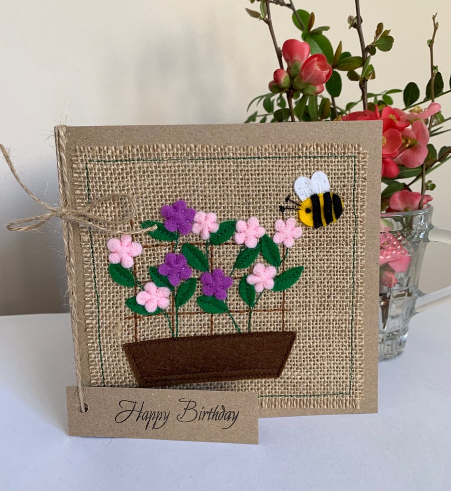 Birthday Card. Pink and purple flowers with a bee. Wool Felt. Handmade. 