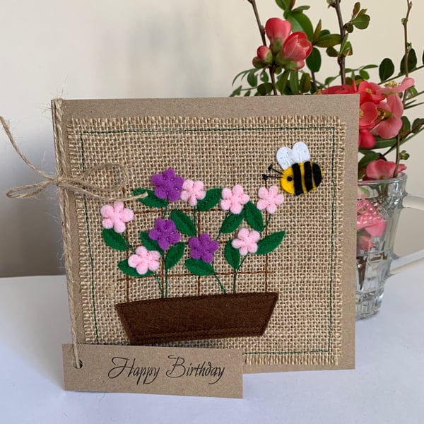 Birthday Card. Pink and purple flowers with a bee. Wool Felt. Handmade. 