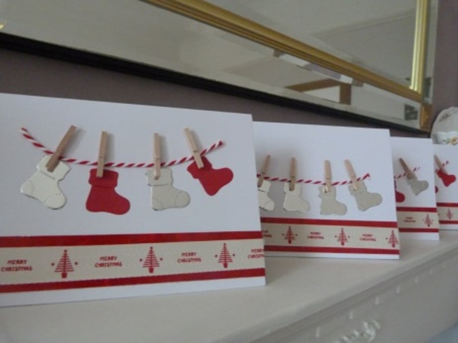 Pegged Stockings on a line pack of 4 Christmas cards