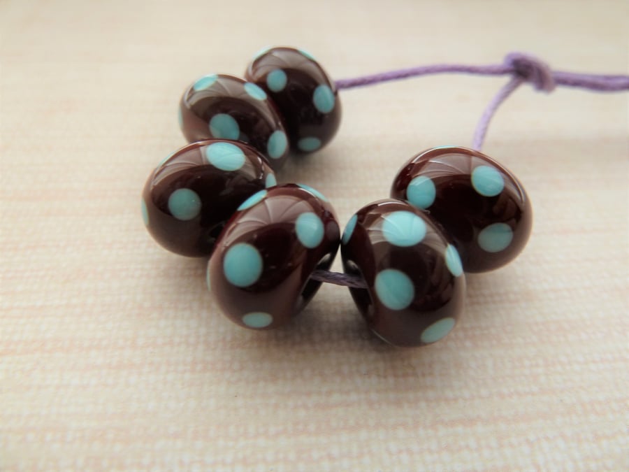 chocolate brown and blue spots lampwork glass beads