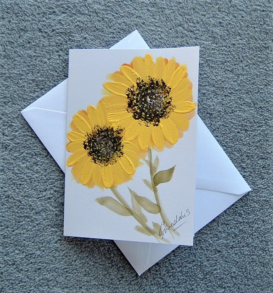 sunflower original art hand painted blank greetings card ( ref F 255 )