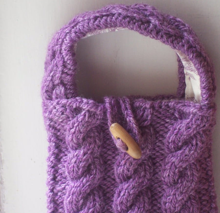 Soft hand knitted cable stitch bag in soft heather purple, lined - Mull