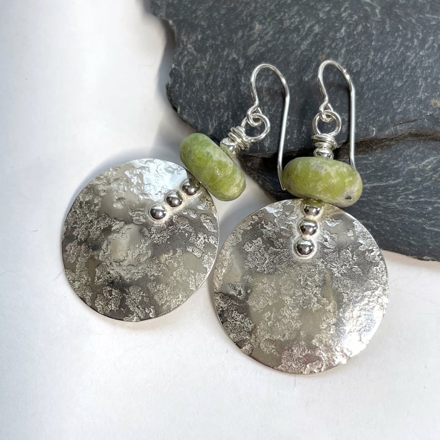Large round silver and frosted green serpentine earrings 