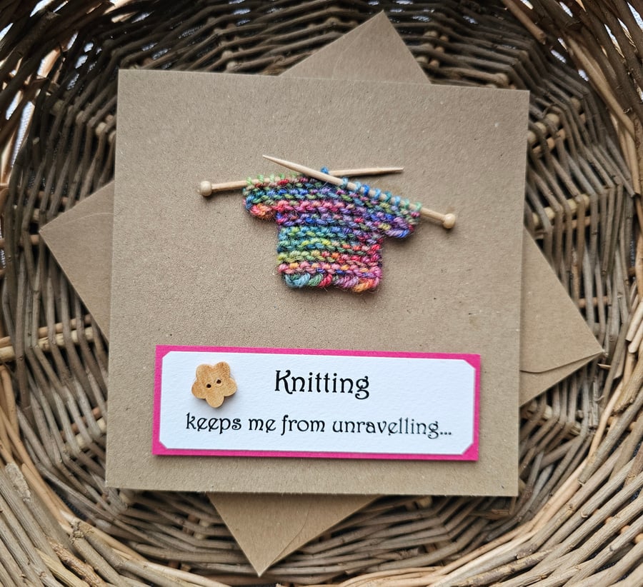 Colourful Handmade Card for Knitters Size 5" x 5" (12.5cm x 12.5cm)