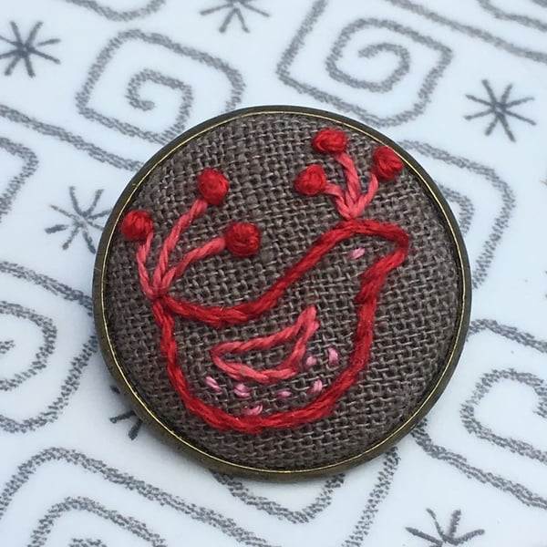 Hand Embroidered Red Bird Brooch 