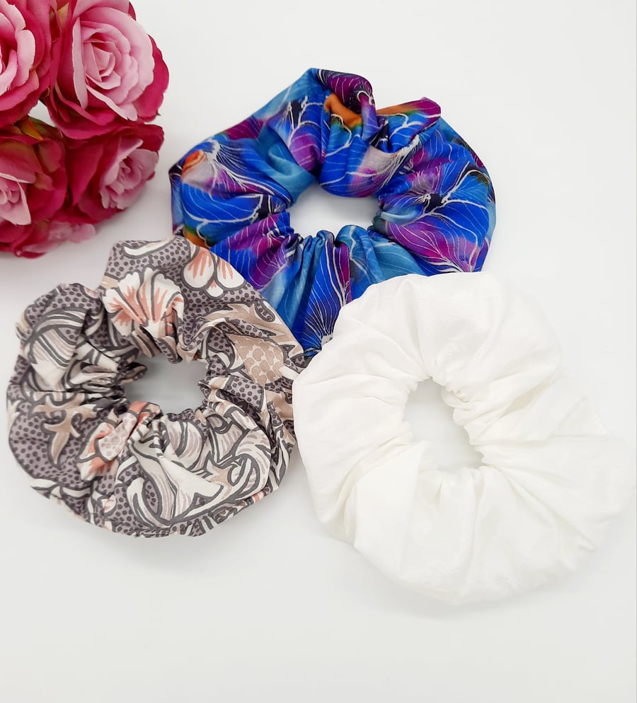 3 large scrunchies,  white satin, blue petal and william morris.  
