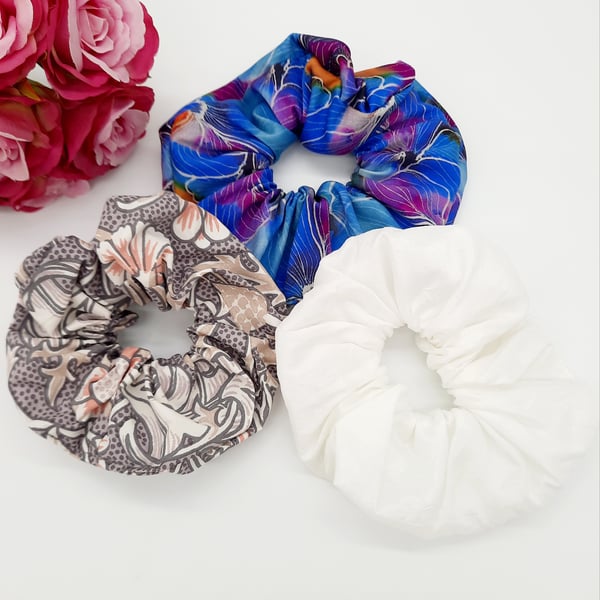 3 large scrunchies,  white satin, blue petal and william morris.  