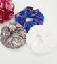 3 large scrunchies,  white satin, blue petal and william morris.  