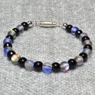 Blue Shimmer Frosted Glass and Faceted Black Glass Bead Bracelet