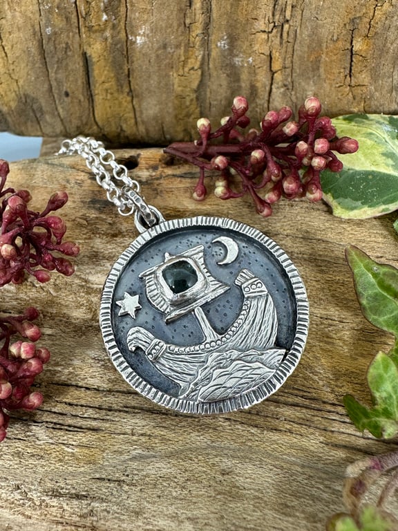 Viking Ship Coin Pendant with Tourmaline