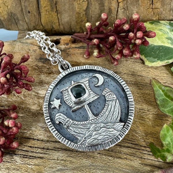 Viking Ship Coin Pendant with Tourmaline