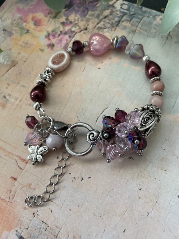 Pink and burgundy beaded charm bracelet, gift for her, ladies unique accessories