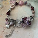 Pink and burgundy beaded charm bracelet, gift for her, ladies unique accessories
