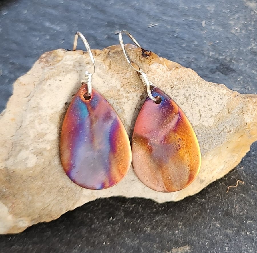 Flame painted copper teardrop earrings