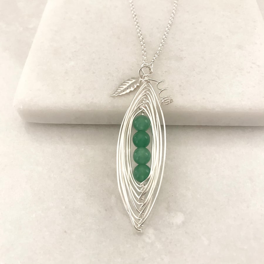 Handmade green pea pod necklace with silver leaf